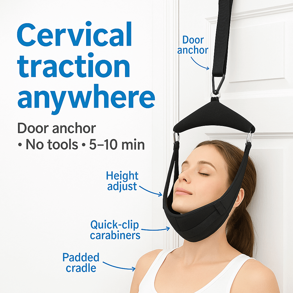 Neck sling hanging from an overhead anchor with padded cradle.