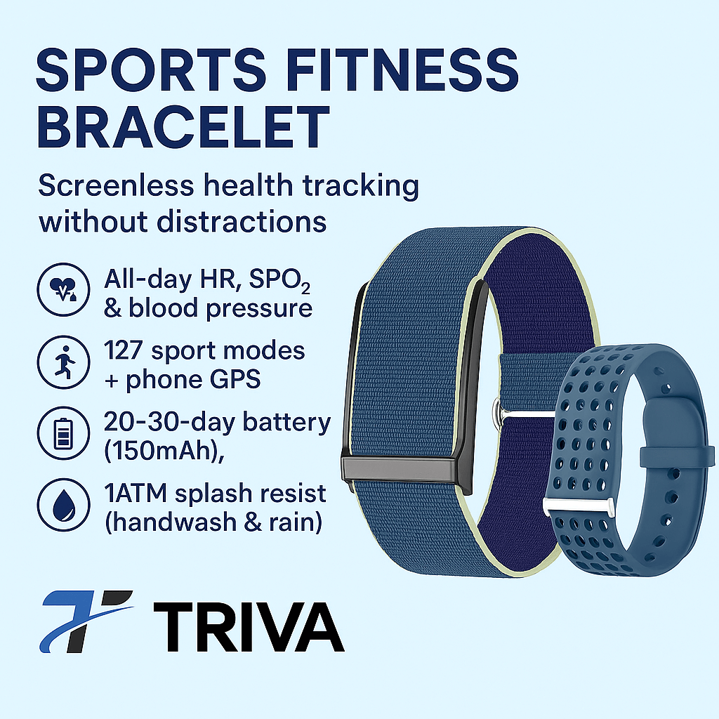 No-Screen Sports Fitness Bracelet — All-Day HR, SpO₂ & Blood Pressure (1ATM, 20–30-Day Battery)