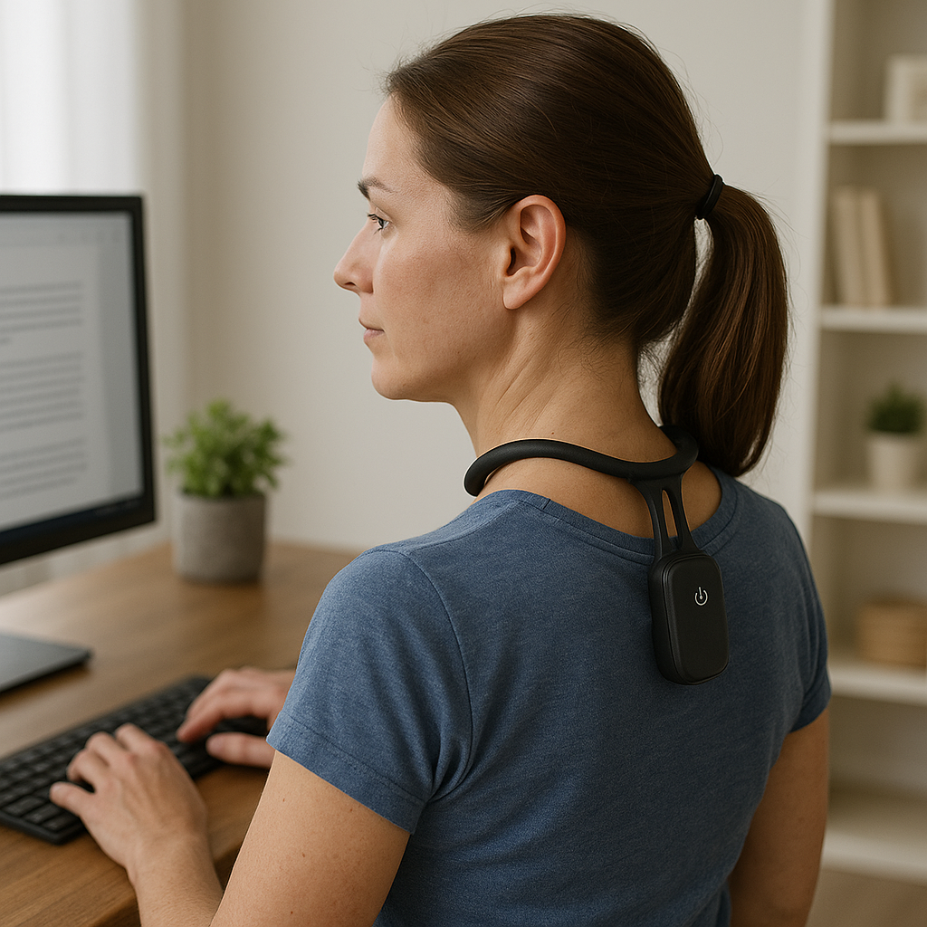 Picture from woman that wears: Smart Posture Corrector Device Realtime Monitoring