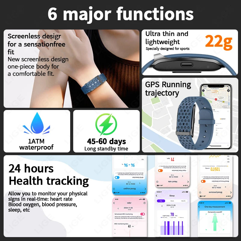 No-Screen Sports Fitness Bracelet — All-Day HR, SpO₂ & Blood Pressure (1ATM, 20–30-Day Battery)