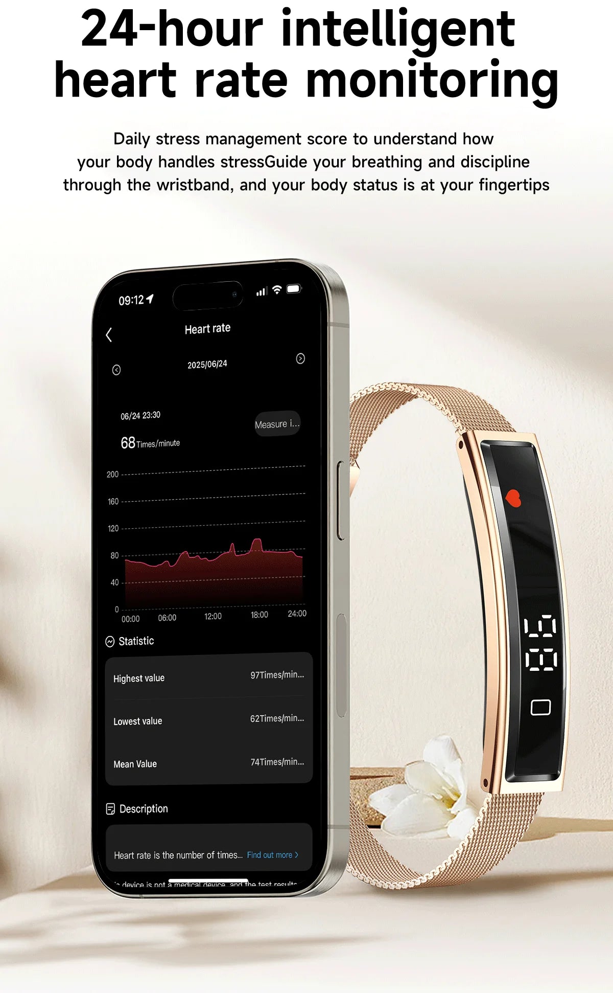 App view with heart rate trend next to slim smartwatch-style bracelet